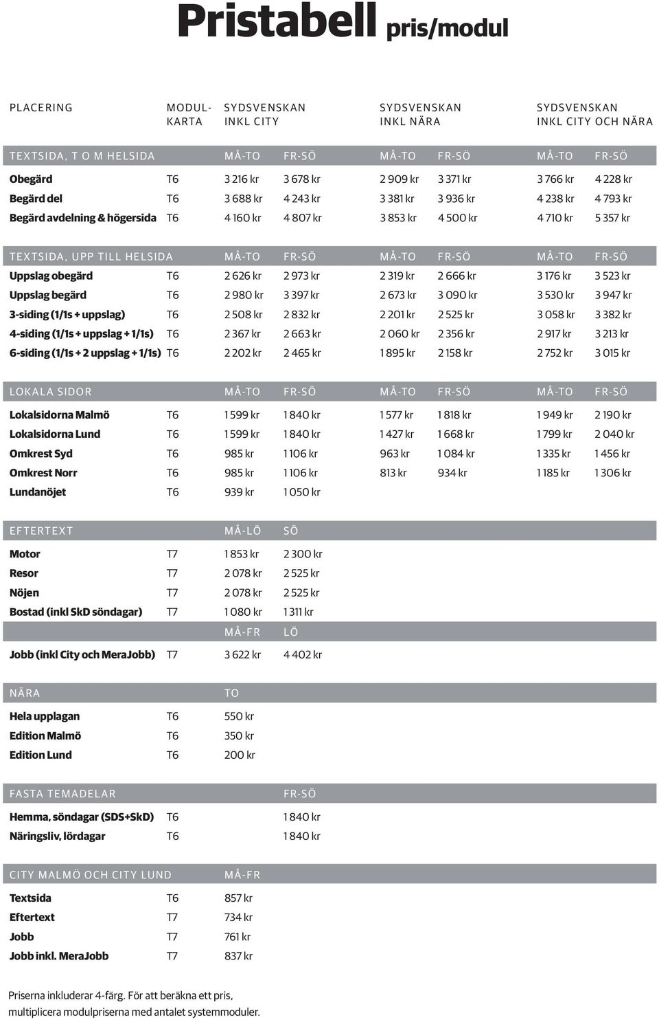 TEXTSIDA, UPP TILL HELSIDA MÅ-TO FR-SÖ MÅ-TO FR-SÖ MÅ-TO FR-SÖ Uppslag obegärd T6 2 626 kr 2 973 kr 2 319 kr 2 666 kr 3 176 kr 3 523 kr Uppslag begärd T6 2 980 kr 3 397 kr 2 673 kr 3 090 kr 3 530 kr