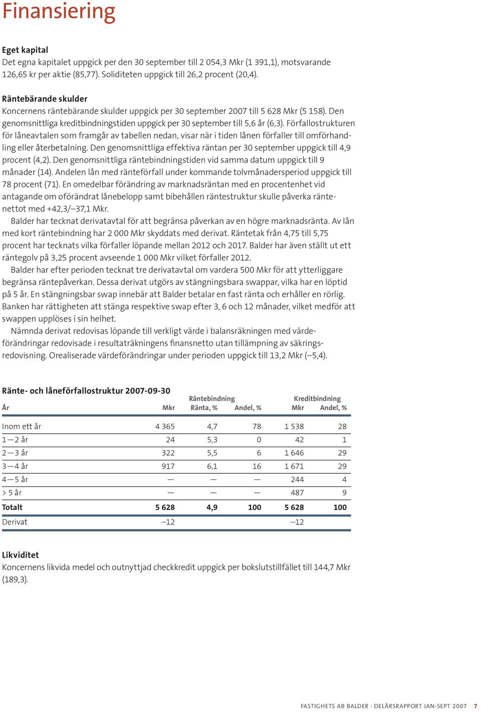 Förfallostrukturen för låneavtalen som framgår av tabellen nedan, visar när i tiden lånen förfaller till omförhandling eller återbetalning.