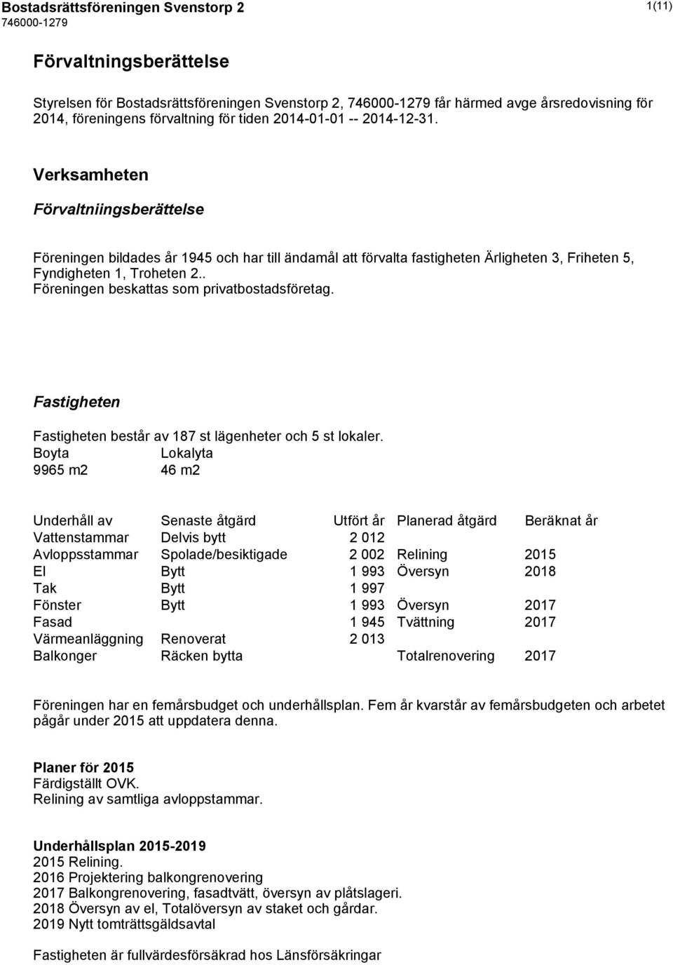 . Föreningen beskattas som privatbostadsföretag. Fastigheten Fastigheten består av 187 st lägenheter och 5 st lokaler.