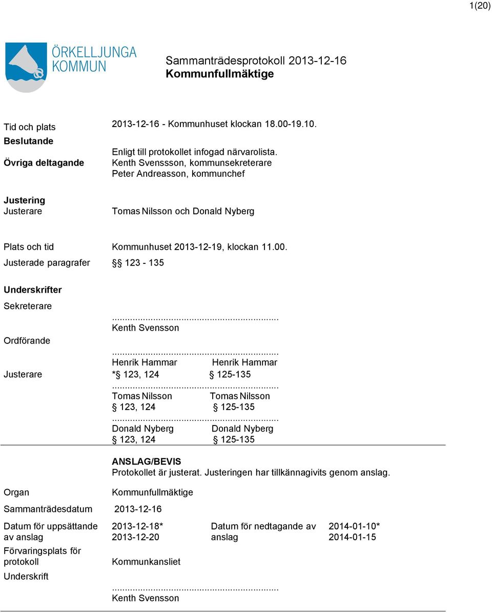 Justerade paragrafer 123-135 Underskrifter Sekreterare... Kenth Svensson Ordförande... Henrik Hammar Henrik Hammar Justerare * 123, 124 125-135... Tomas ilsson Tomas ilsson 123, 124 125-135.