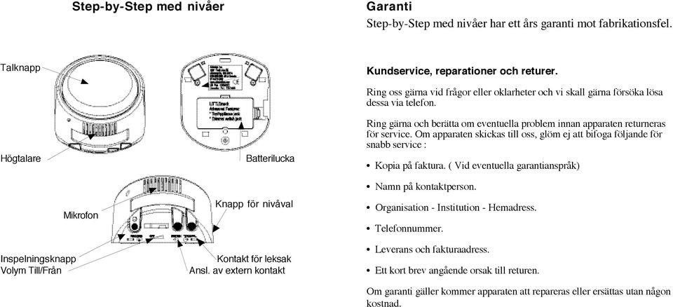 Ring gärna och berätta om eventuella problem innan apparaten returneras för service. Om apparaten skickas till oss, glöm ej att bifoga följande för snabb service : Kopia på faktura.