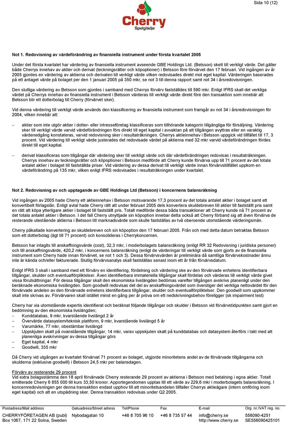 Vid ingången av år 2005 gjordes en värdering av aktierna och derivaten till verkligt värde vilken redovisades direkt mot eget kapital.