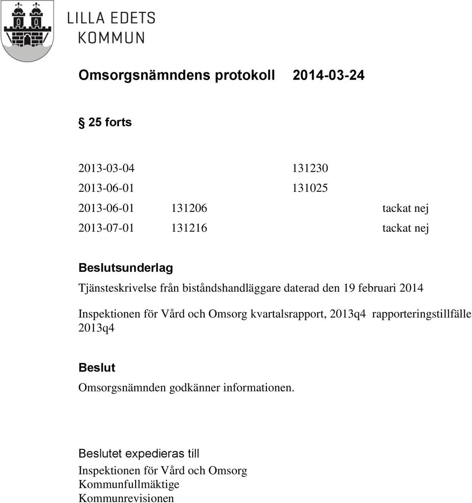 för Vård och Omsorg kvartalsrapport, 2013q4 rapporteringstillfälle 2013q4 Omsorgsnämnden godkänner