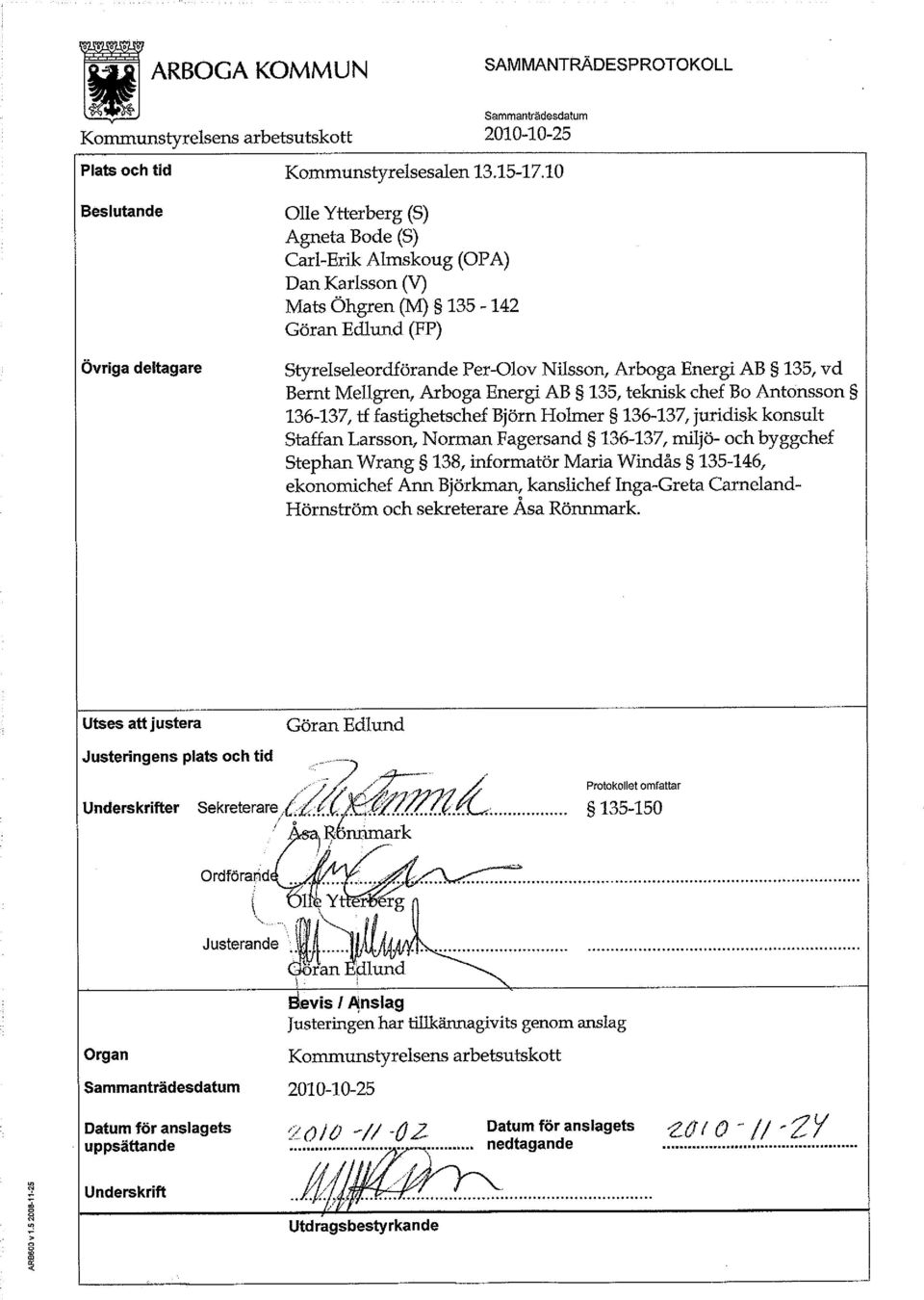 Energi AB 135, vd Bernt Mellgren, Arboga Energi AB 135, teknisk chef Bo Antonsson 136-137, tf fastighetschef Björn Holmer 136-137, juridisk konsult Staffan Larsson, Norman Fagersand 136-137, miljö-