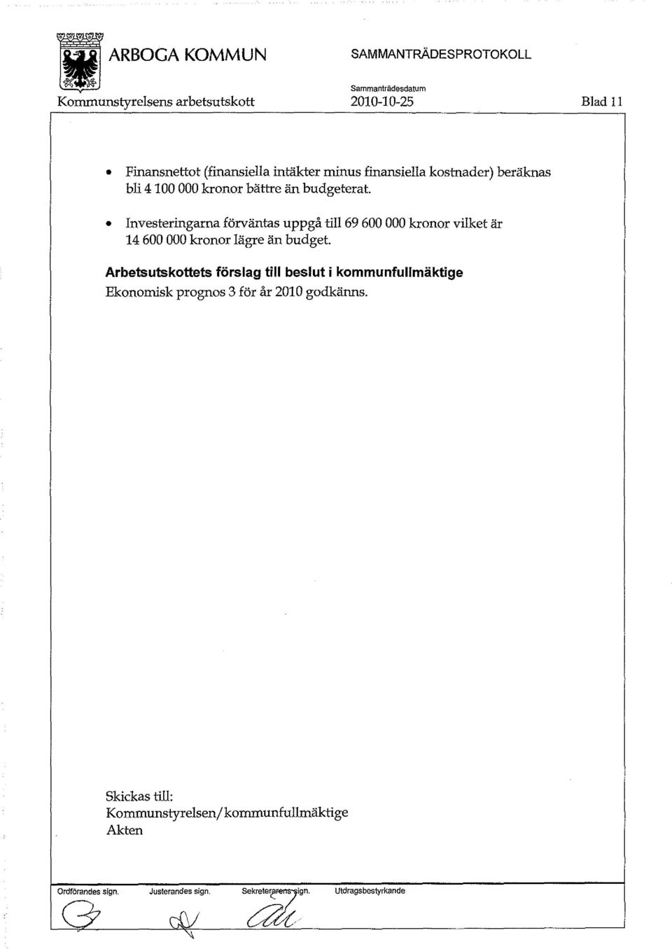 Investeringarna förväntas uppgå till 69 600 000 kronor vilket är 14 600 000 kronor lägre än budget.