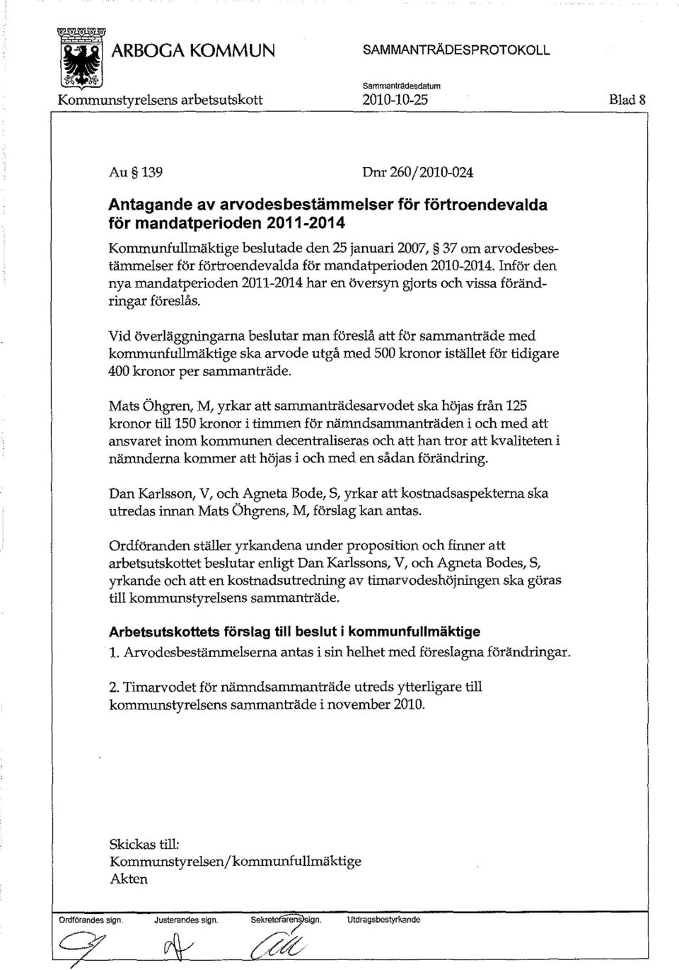 Vid överläggningarna beslutar man föreslå att för sammanträde med kommunfullmäktige ska arvode utgå med 500 kronor istället för tidigare 400 kronor per sammanträde.