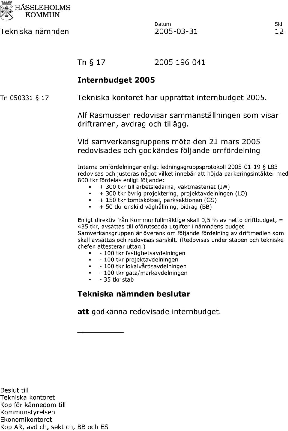 innebär att höjda parkeringsintäkter med 800 tkr fördelas enligt följande: + 300 tkr till arbetsledarna, vaktmästeriet (IW) + 300 tkr övrig projektering, projektavdelningen (LO) + 150 tkr