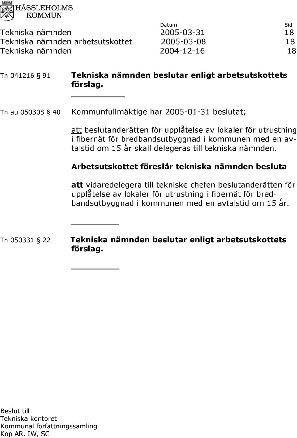 Kommunfullmäktige har 2005-01-31 beslutat; att beslutanderätten för upplåtelse av lokaler för utrustning i fibernät för bredbandsutbyggnad i kommunen med en avtalstid om 15 år skall