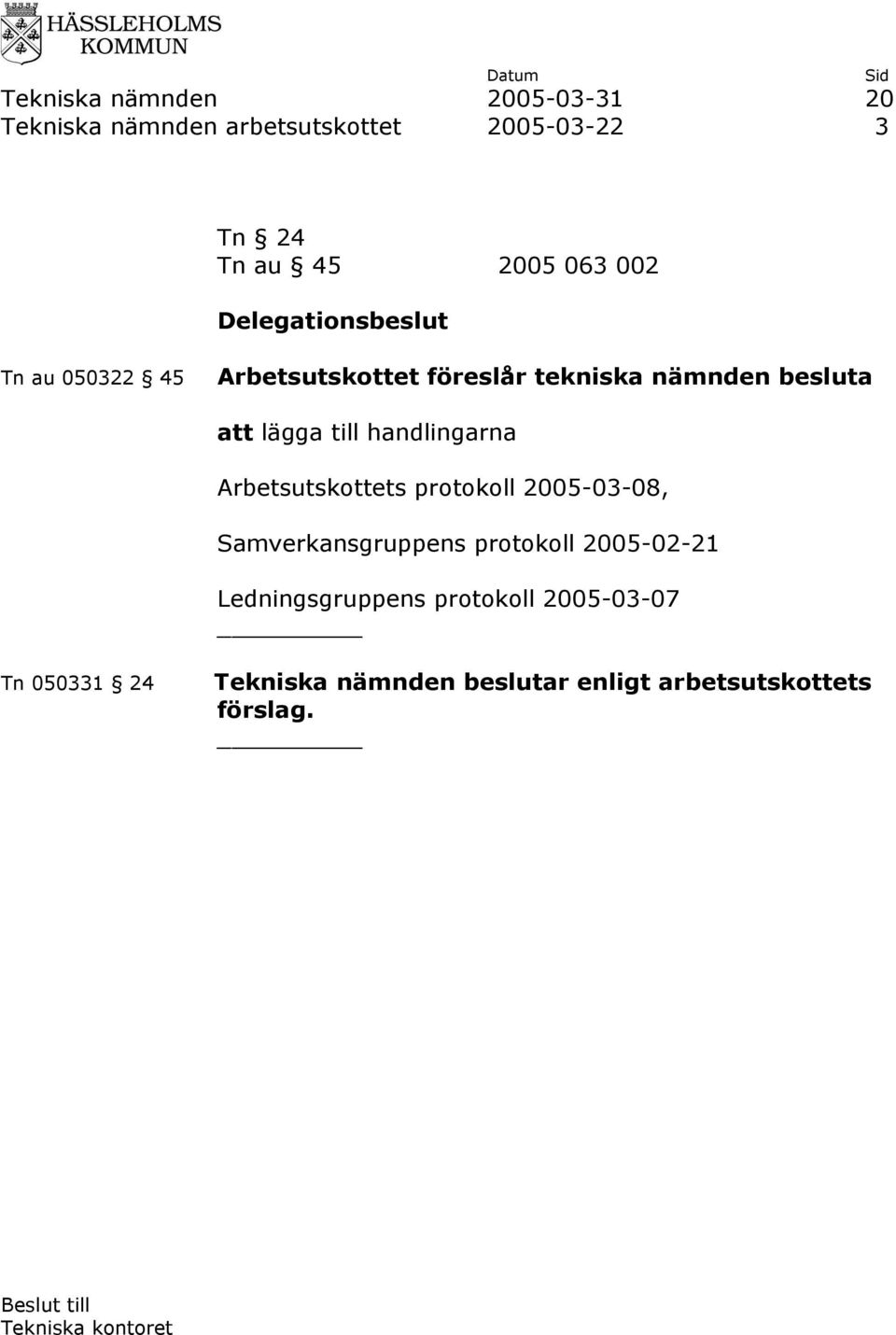 till handlingarna Arbetsutskottets protokoll 2005-03-08, Samverkansgruppens protokoll 2005-02-21