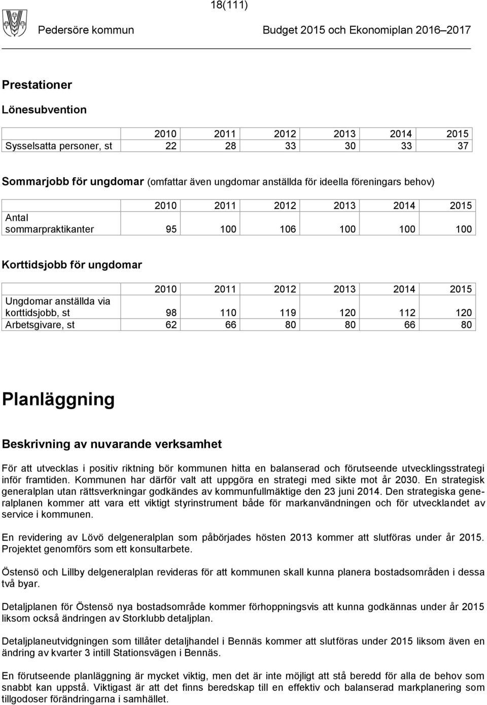 Arbetsgivare, st 62 66 80 80 66 80 Planläggning Beskrivning av nuvarande verksamhet För att utvecklas i positiv riktning bör kommunen hitta en balanserad och förutseende utvecklingsstrategi inför