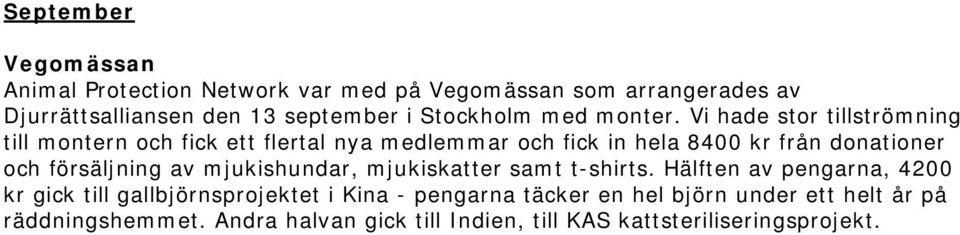 Vi hade stor tillströmning till montern och fick ett flertal nya medlemmar och fick in hela 8400 kr från donationer och försäljning