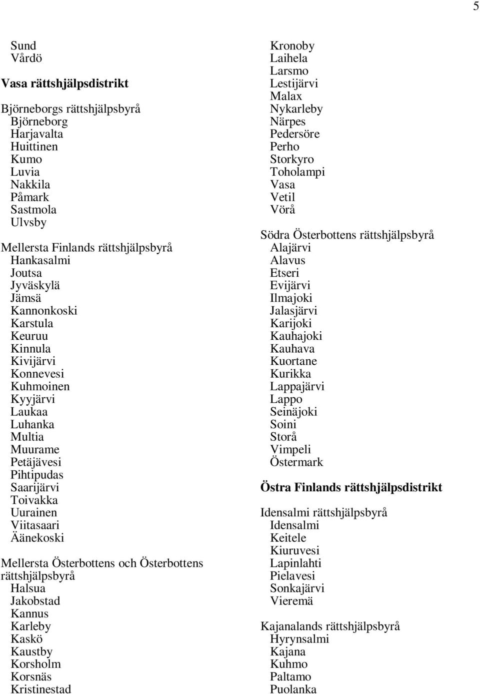 Halsua Jakobstad Kannus Karleby Kaskö Kaustby Korsholm Korsnäs Kristinestad Kronoby Laihela Larsmo Lestijärvi Malax Nykarleby Närpes Pedersöre Perho Storkyro Toholampi Vasa Vetil Vörå Södra