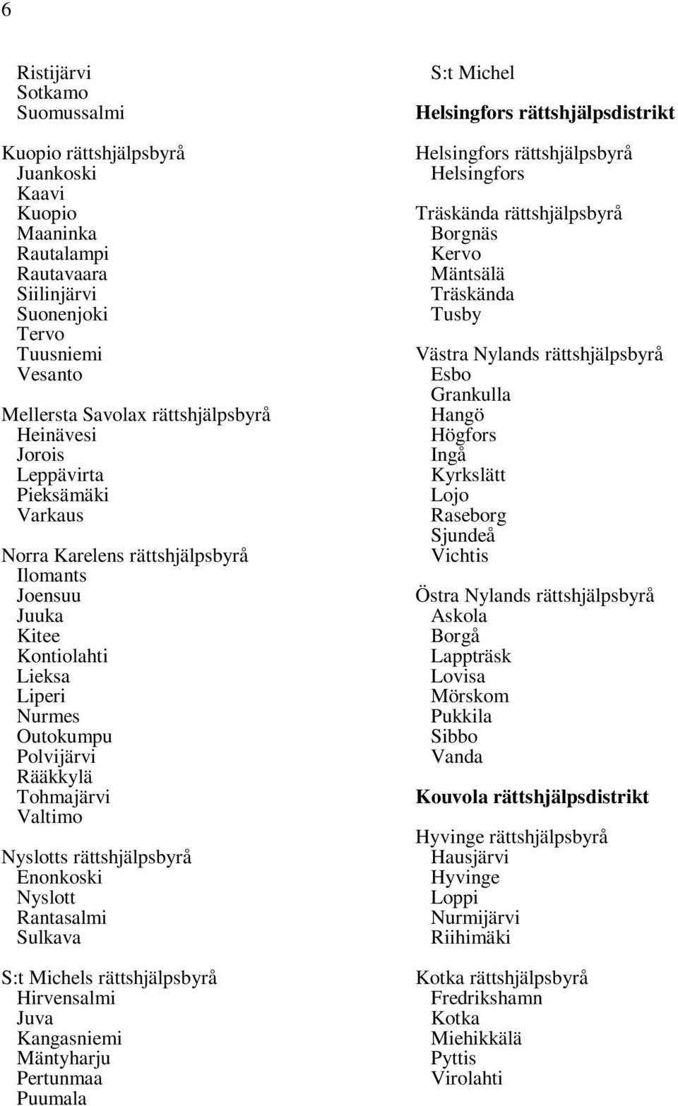 Hirvensalmi Juva Kangasniemi Mäntyharju Pertunmaa Puumala S:t Michel Helsingfors rättshjälpsdistrikt Helsingfors Helsingfors Träskända Borgnäs Kervo Mäntsälä Träskända Tusby Västra Nylands Esbo