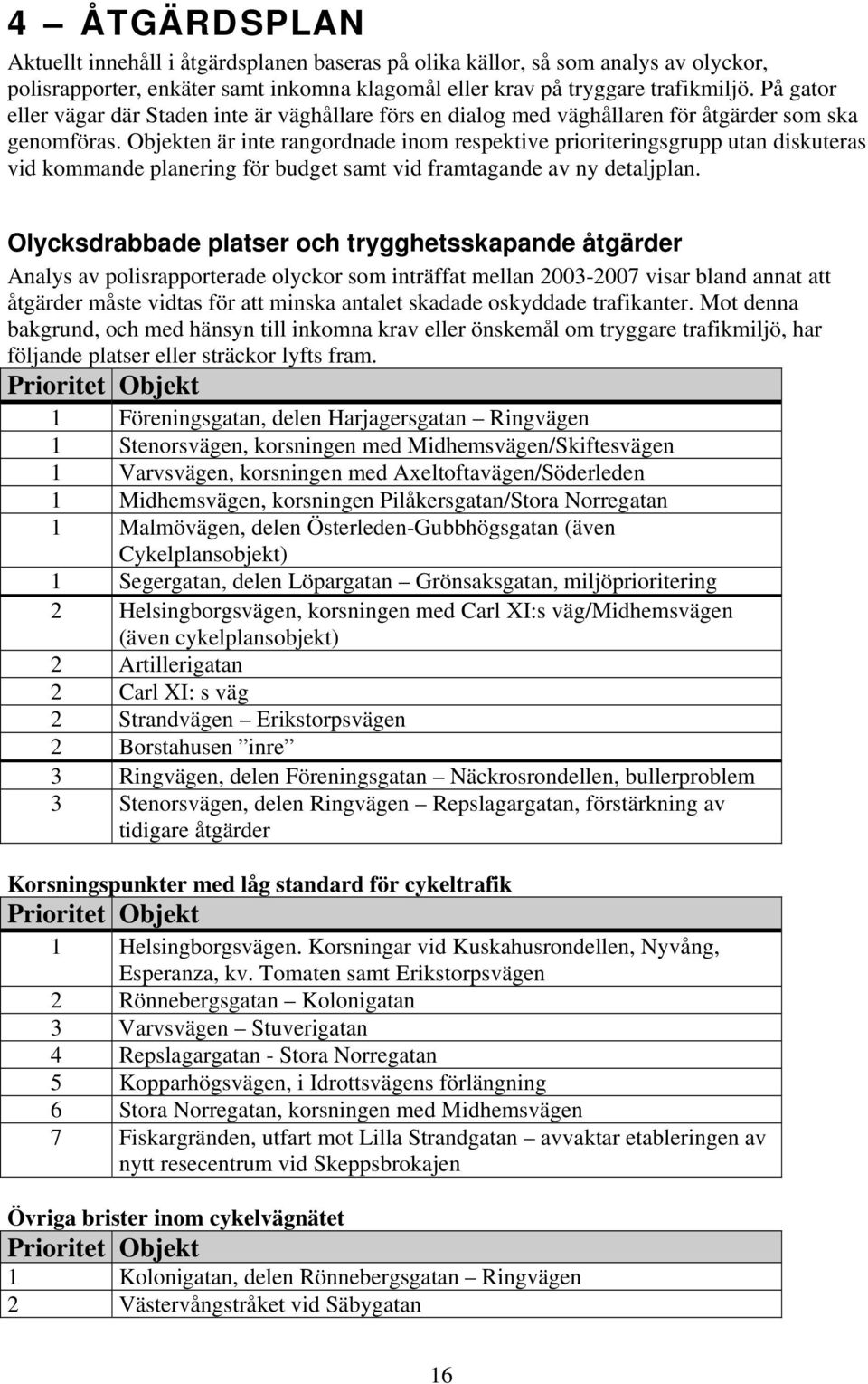 Objekten är inte rangordnade inom respektive prioriteringsgrupp utan diskuteras vid kommande planering för budget samt vid framtagande av ny detaljplan.