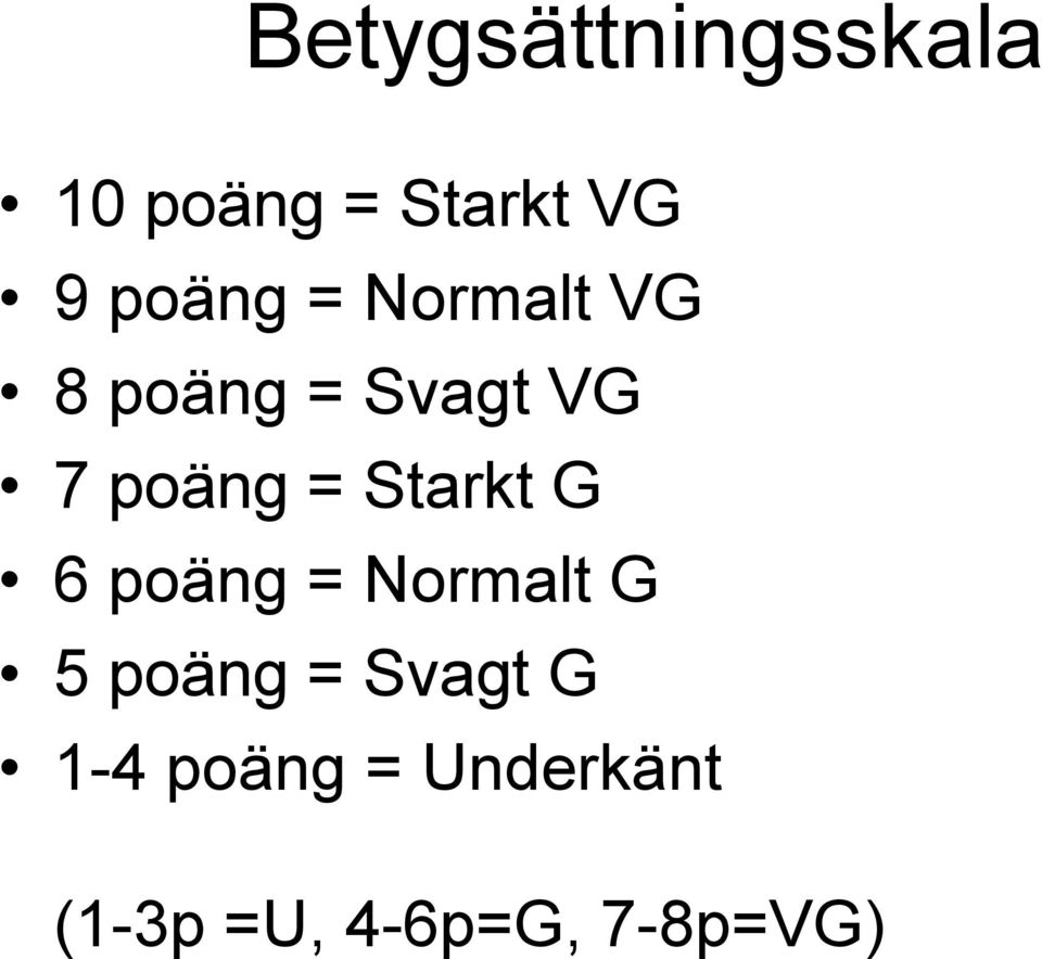 = Starkt G 6 poäng = Normalt G 5 poäng = Svagt