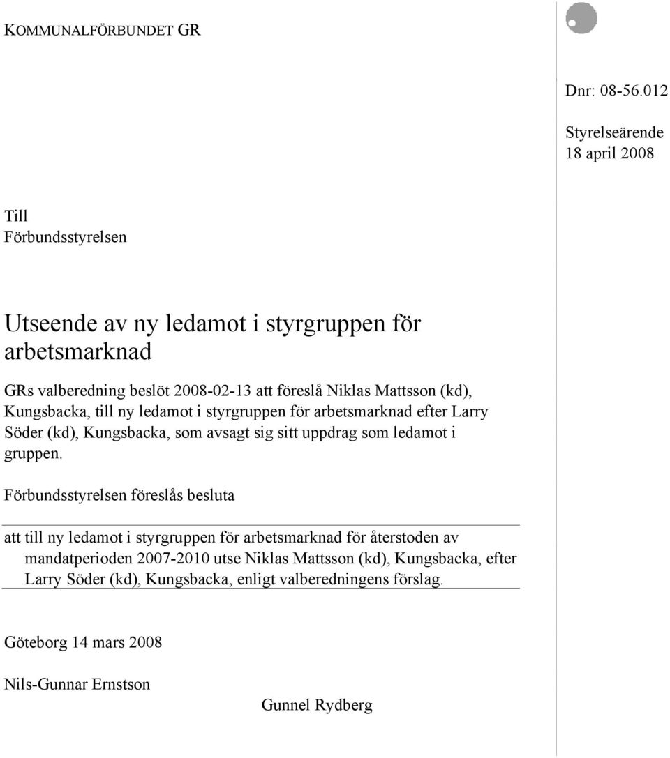 Niklas Mattsson (kd), Kungsbacka, till ny ledamot i styrgruppen för arbetsmarknad efter Larry Söder (kd), Kungsbacka, som avsagt sig sitt uppdrag som ledamot