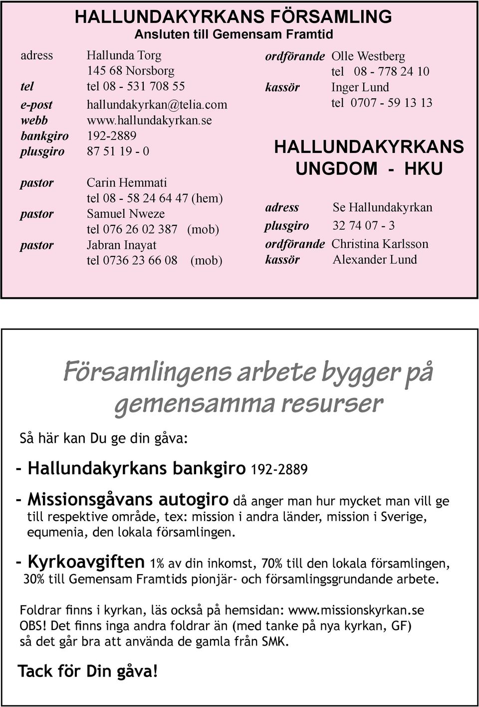 se bankgiro 192-2889 plusgiro 87 51 19-0 pastor pastor pastor Carin Hemmati tel 08-58 24 64 47 (hem) Samuel Nweze tel 076 26 02 387 (mob) tel 0736 23 66 08 (mob) ordförande Olle Westberg tel 08-778