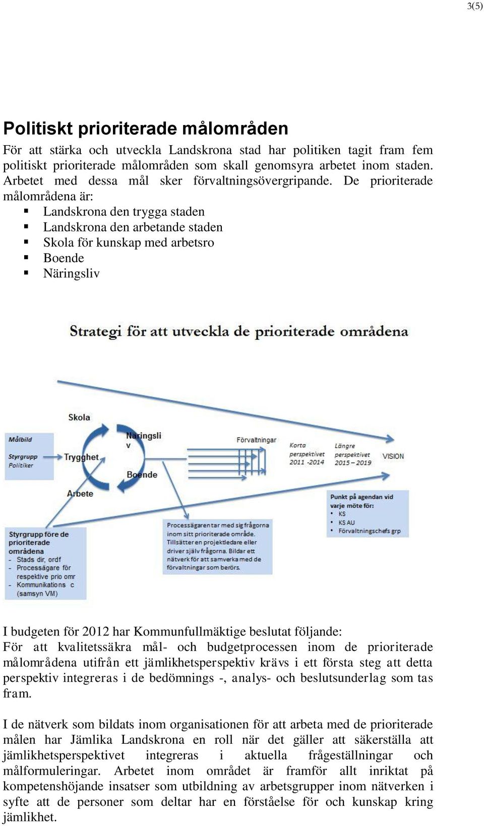 De prioriterade målområdena är: Landskrona den trygga staden Landskrona den arbetande staden Skola för kunskap med arbetsro Boende Näringsliv I budgeten för 2012 har Kommunfullmäktige beslutat