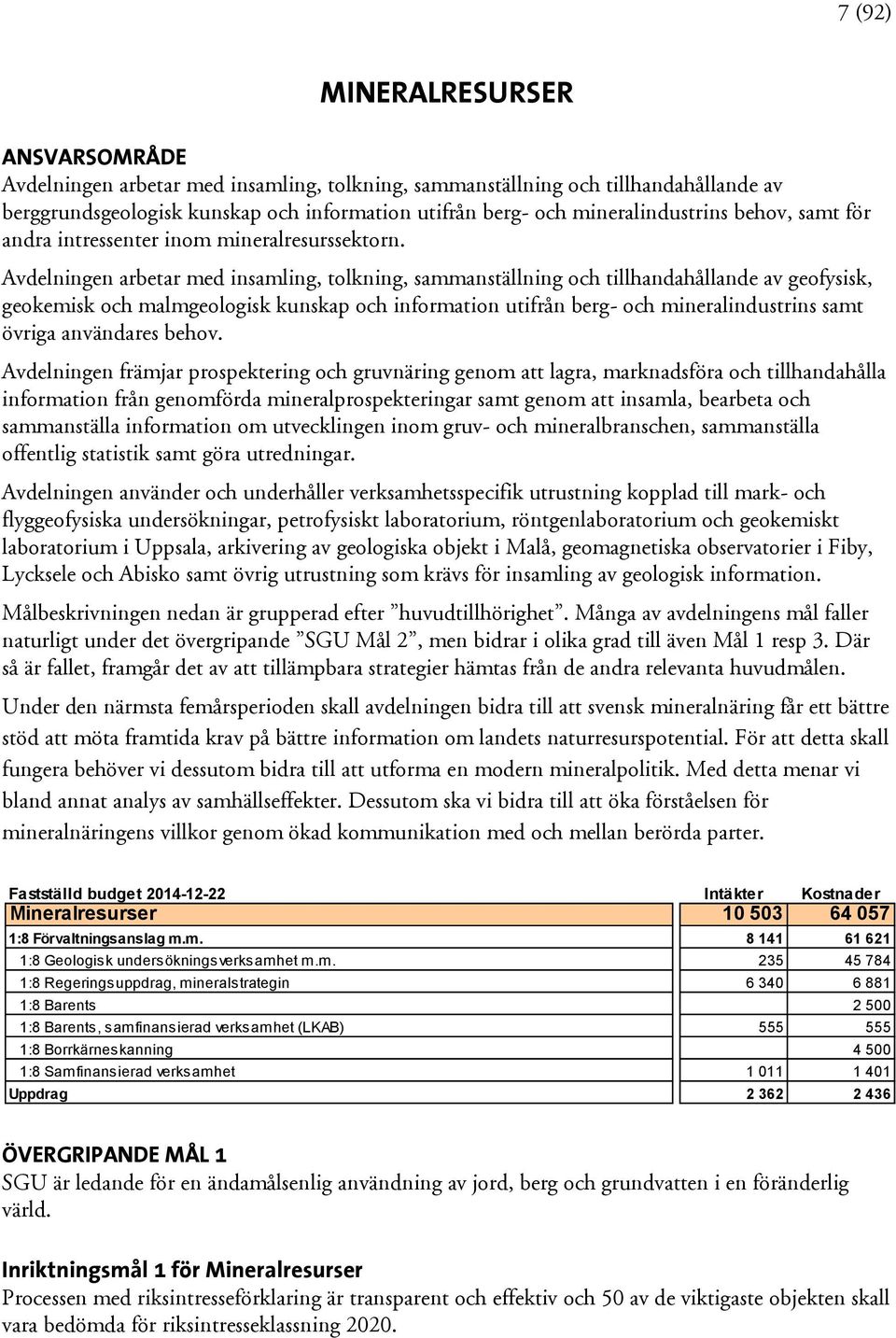 Avdelningen arbetar med insamling, tolkning, sammanställning och tillhandahållande av geofysisk, geokemisk och malmgeologisk kunskap och information utifrån berg- och mineralindustrins samt övriga