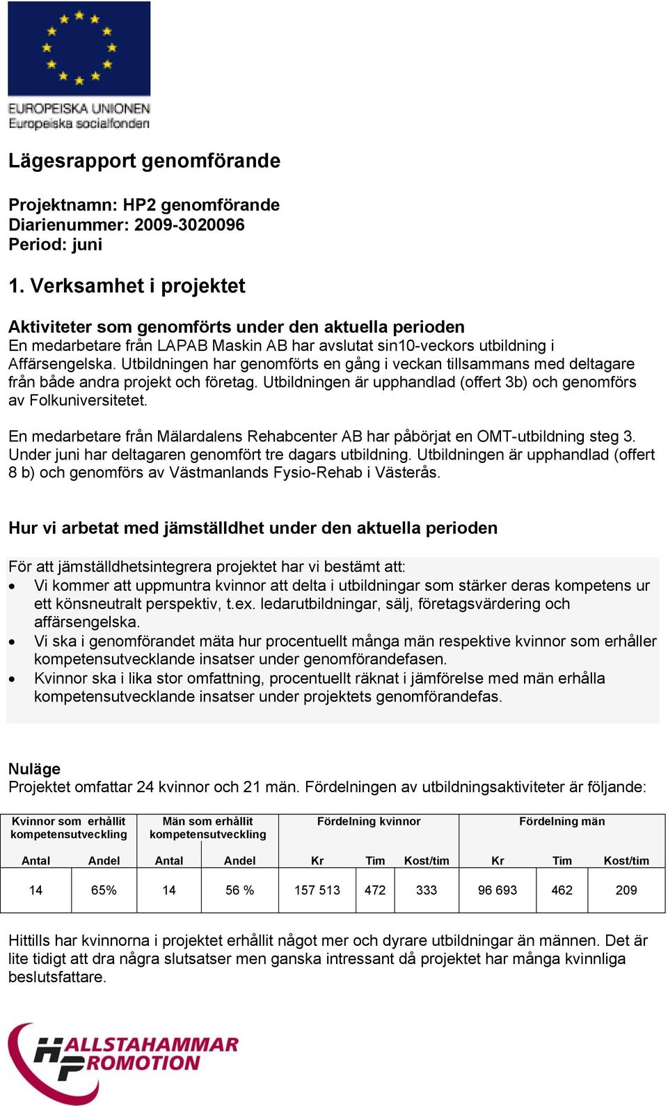 Utbildningen har genomförts en gång i veckan tillsammans med deltagare från både andra projekt och företag. Utbildningen är upphandlad (offert 3b) och genomförs av Folkuniversitetet.