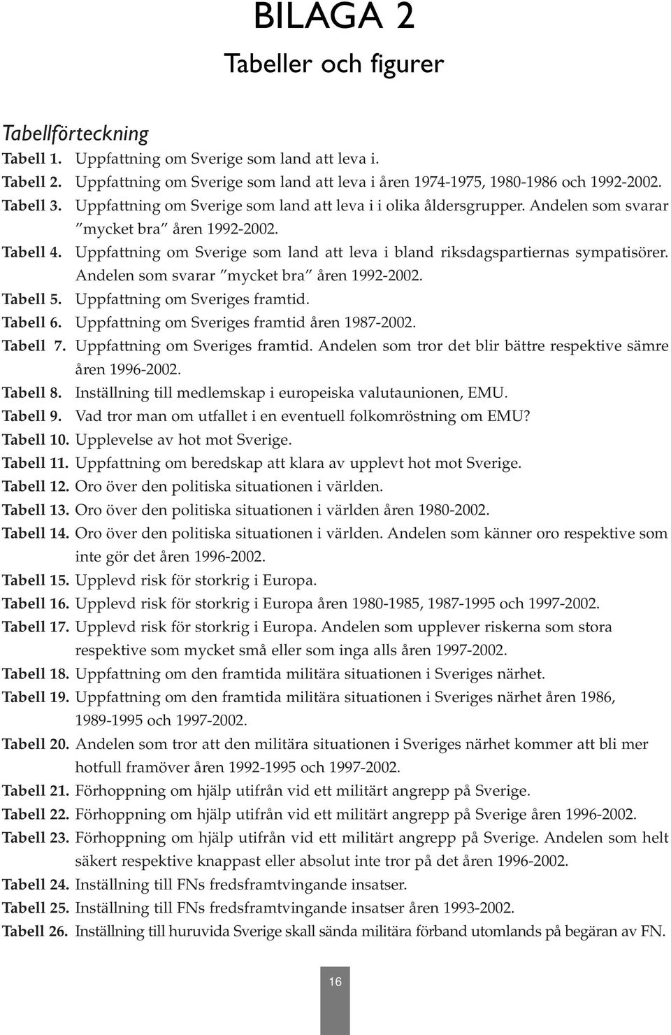 Uppfattning om Sverige som land att leva i bland riksdagspartiernas sympatisörer. Andelen som svarar mycket bra åren 1992-2002. Tabell 5. Uppfattning om Sveriges framtid. Tabell 6.