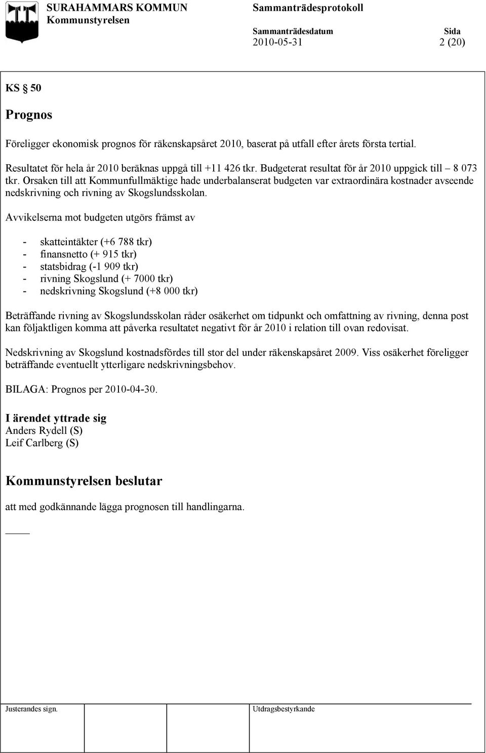 Orsaken till att Kommunfullmäktige hade underbalanserat budgeten var extraordinära kostnader avseende nedskrivning och rivning av Skogslundsskolan.