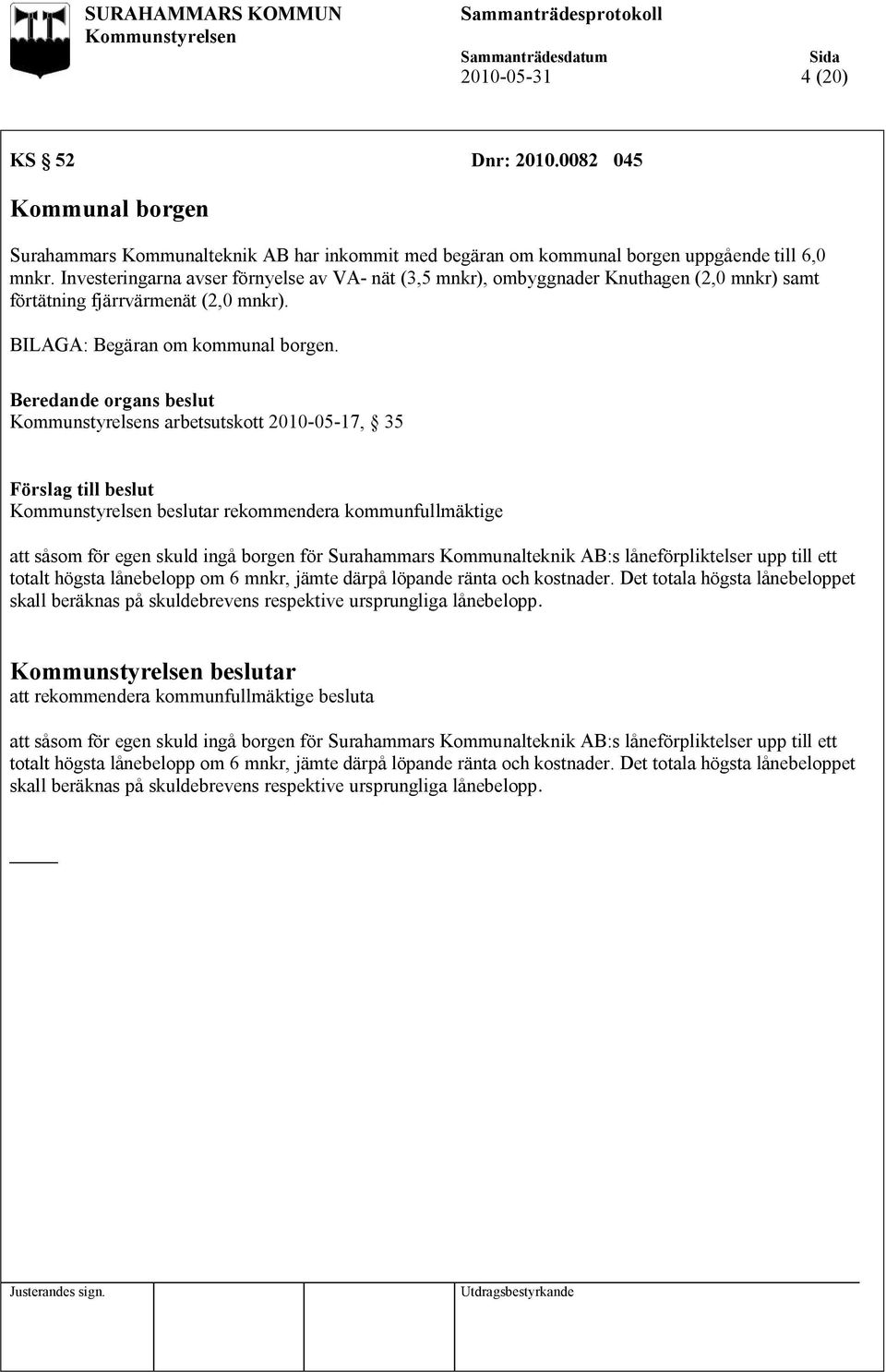 s arbetsutskott 2010-05-17, 35 beslutar rekommendera kommunfullmäktige att såsom för egen skuld ingå borgen för Surahammars Kommunalteknik AB:s låneförpliktelser upp till ett totalt högsta lånebelopp