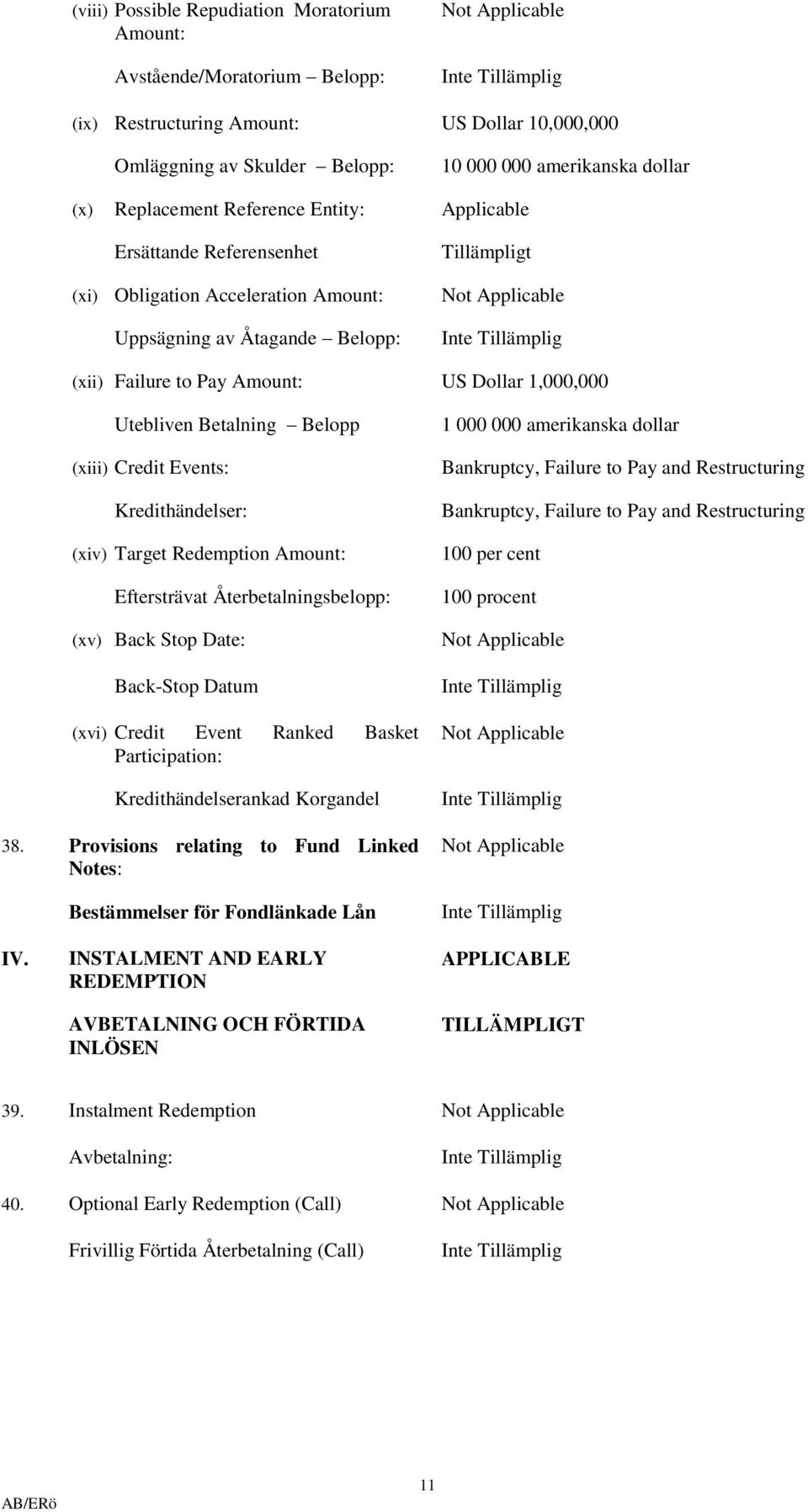 (xii) Failure to Pay Amount: US Dollar 1,000,000 Utebliven Betalning Belopp (xiii) Credit Events: Kredithändelser: (xiv) Target Redemption Amount: Eftersträvat Återbetalningsbelopp: (xv) Back Stop