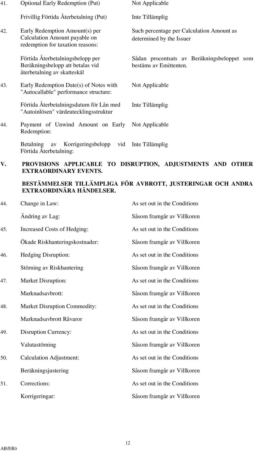 Early Redemption Date(s) of Notes with "Autocallable" performance structure: Förtida Återbetalningsdatum för Lån med "Autoinlösen" värdeutecklingsstruktur 44.