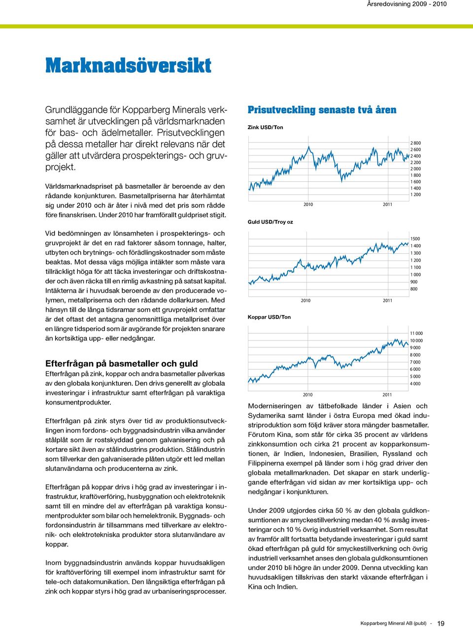 Basmetallpriserna har återhämtat sig under 2010 och är åter i nivå med det pris som rådde före finanskrisen. Under 2010 har framförallt guldpriset stigit.