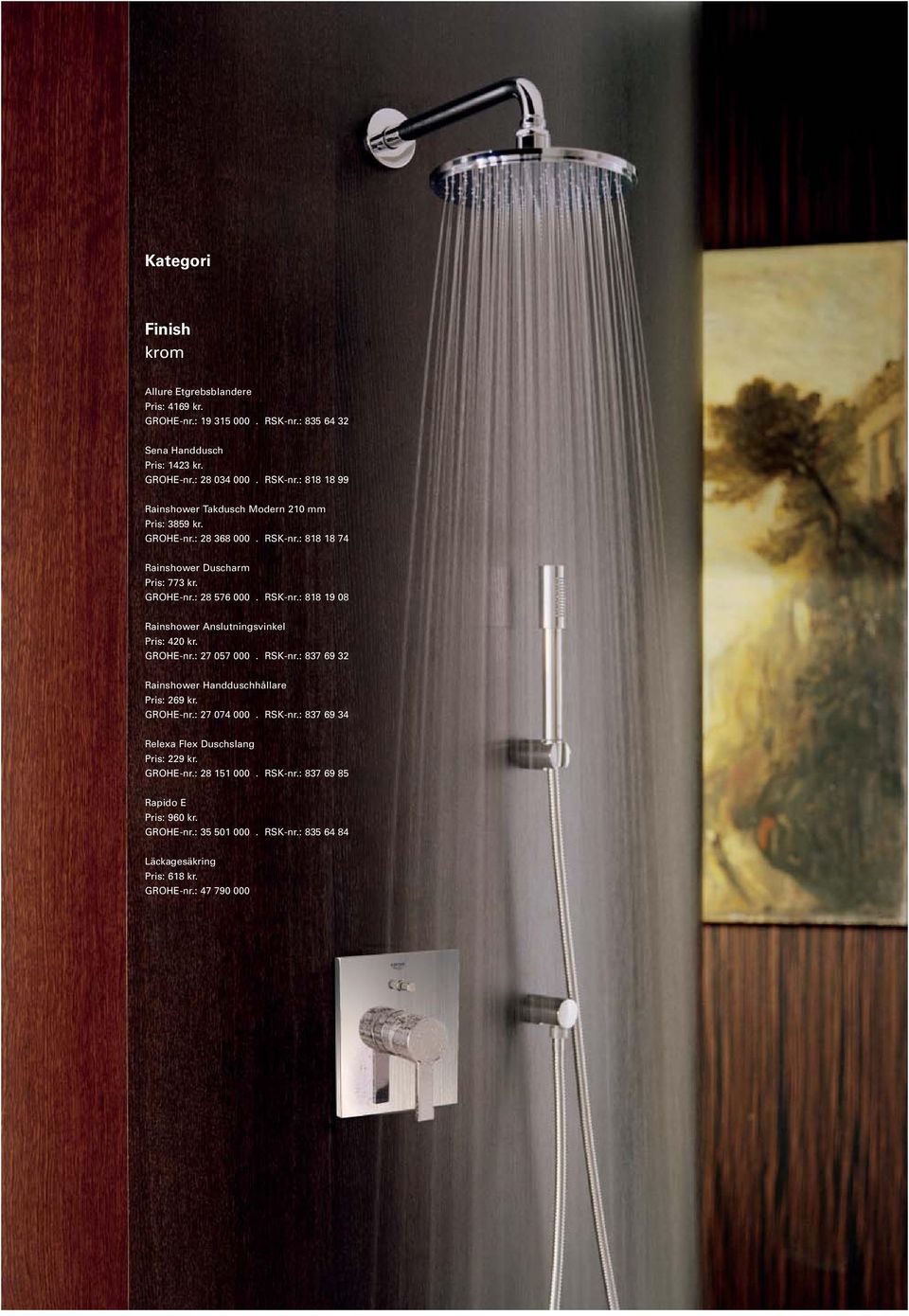 RSK-nr.: 837 69 32 Rainshower Handduschhållare Pris: 269 kr. GROHE-nr.: 27 074 000. RSK-nr.: 837 69 34 Relexa Flex Duschslang Pris: 229 kr. GROHE-nr.: 28 151 000. RSK-nr.: 837 69 85 Rapido E Pris: 960 kr.