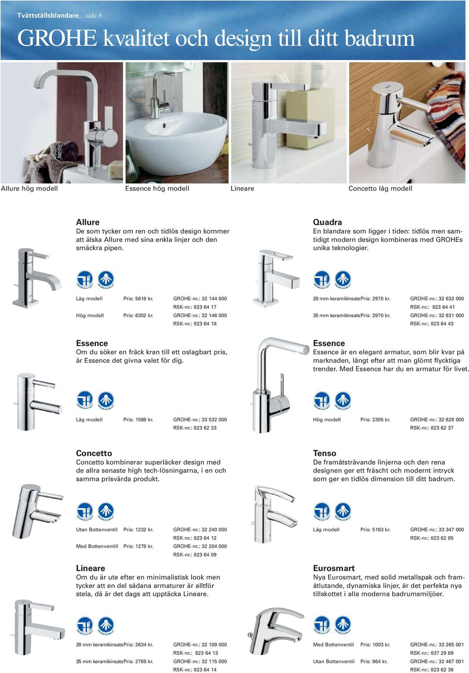 enkla linjer och den smäckra pipen. Quadra En blandare som ligger i tiden: tidlös men samtidigt modern design kombineras med GROHEs unika teknologier. Låg modell Pris: 5618 kr. GROHE-nr.