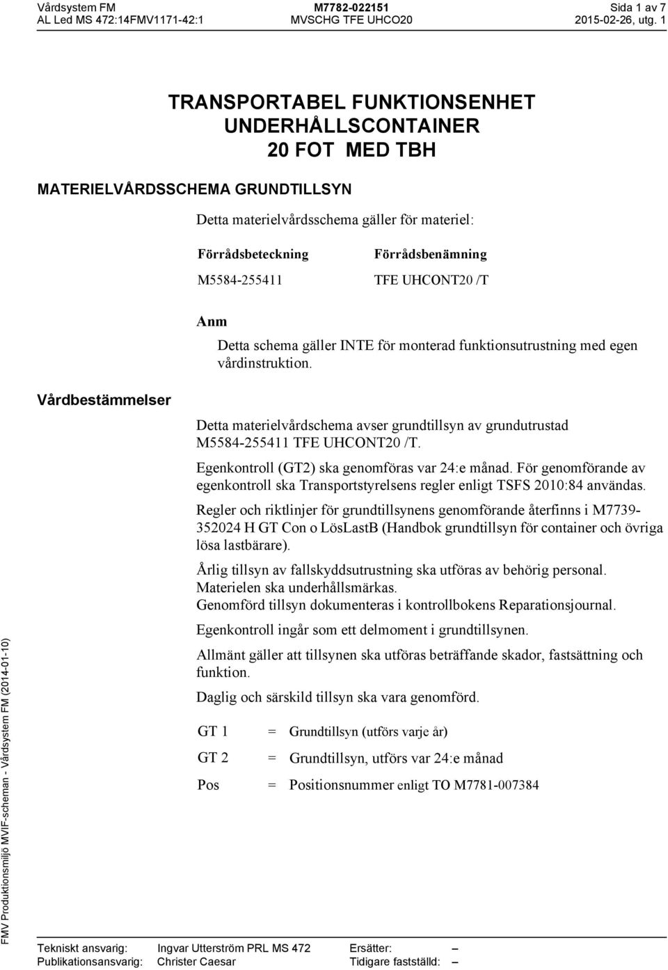 Vårdbestämmelser Tekniskt ansvarig: Ingvar Utterström PRL MS 472 Publikationsansvarig: Christer Caesar Detta materielvårdschema avser grundtillsyn av grundutrustad M5584-255411 TFE UHCONT20 /T.