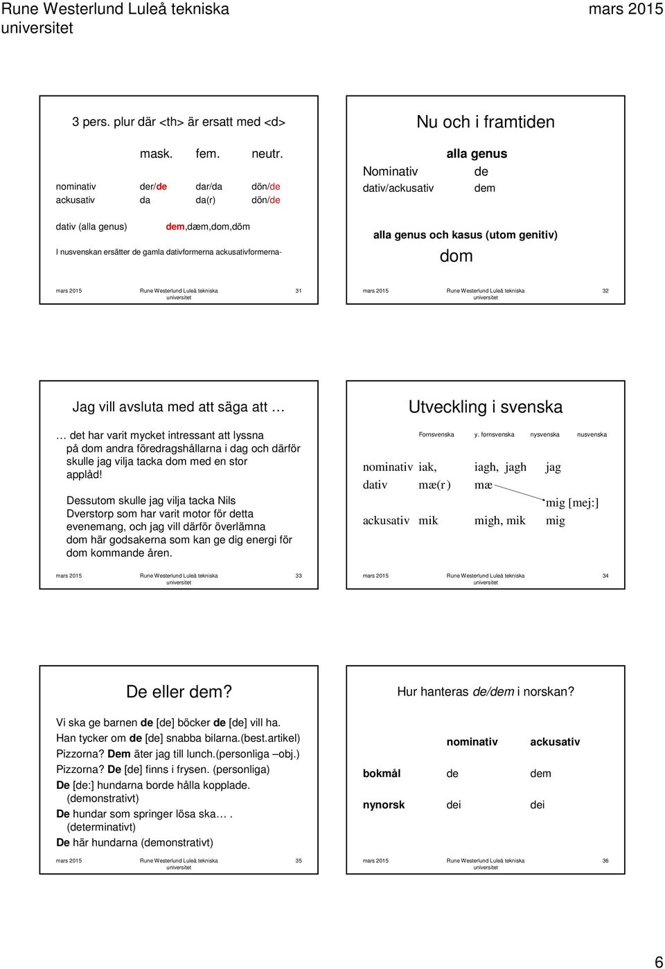 alla genus och kasus (utom genitiv) dom 31 32 Jag vill avsluta med att säga att det har varit mycket intressant att lyssna på dom andra föredragshållarna i dag och därför skulle jag vilja tacka dom