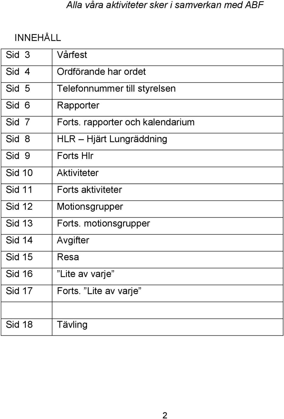 rapporter och kalendarium Sid 8 HLR Hjärt Lungräddning Sid 9 Forts Hlr Sid 10 Aktiviteter Sid 11 Forts