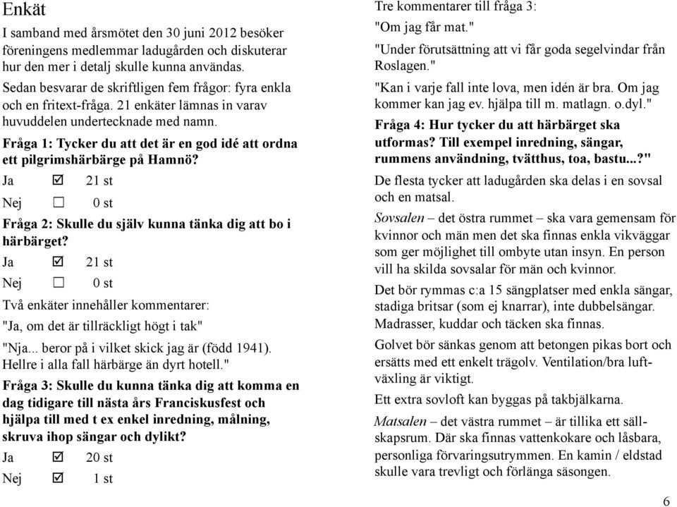 Fråga 1: Tycker du att det är en god idé att ordna ett pilgrimshärbärge på Hamnö? Ja 21 st Nej 0 st Fråga 2: Skulle du själv kunna tänka dig att bo i härbärget?
