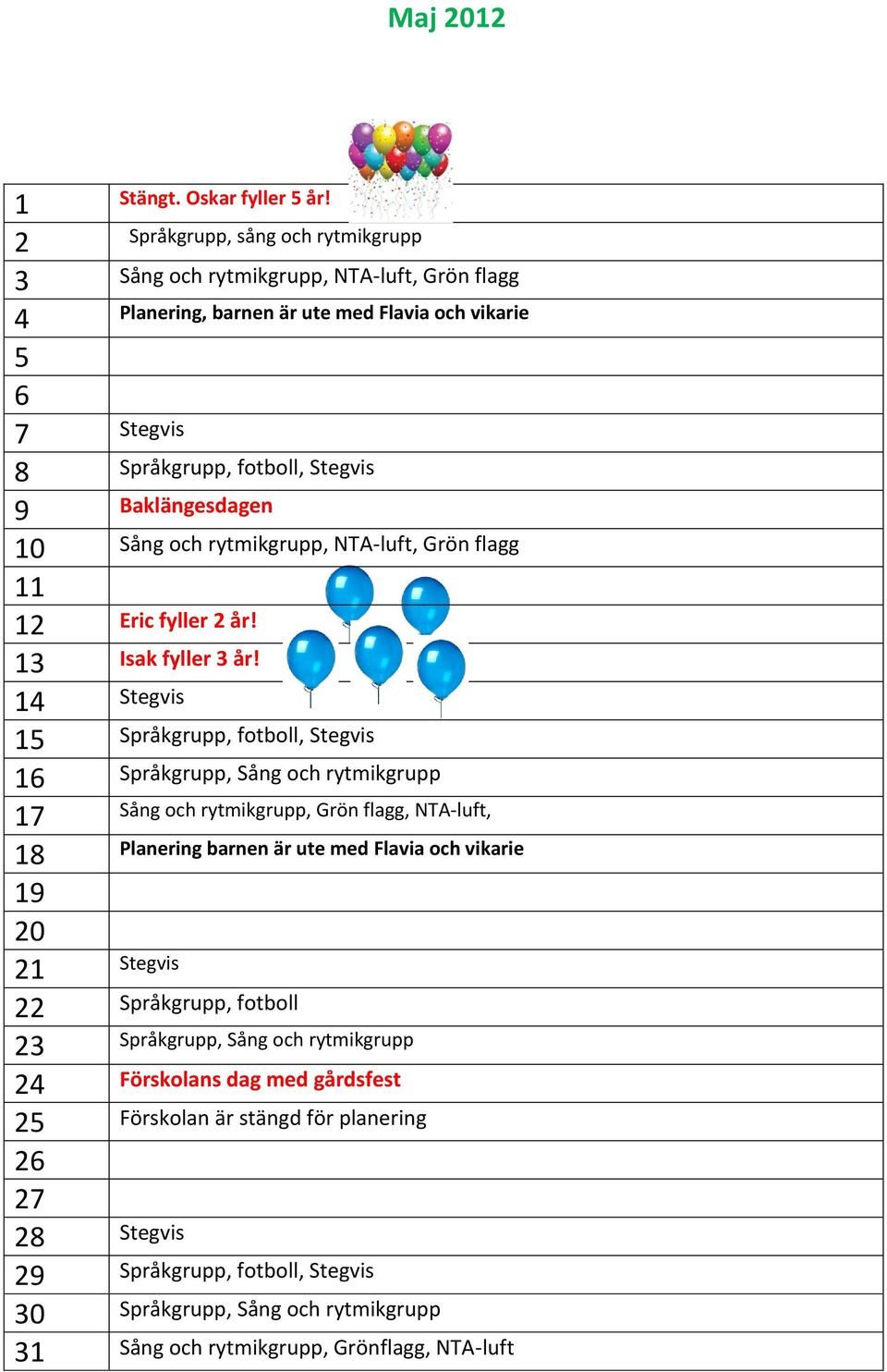 10 Sång och rytmikgrupp, NTA-luft, Grön flagg 11 12 Eric fyller 2 år! 13 Isak fyller 3 år!