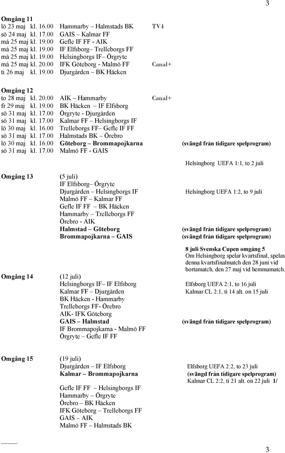 00 Örgryte - Djurgården sö 31 maj kl. 17.00 Kalmar FF Helsingborgs IF lö 30 maj kl. 16.00 Trelleborgs FF Gefle IF FF sö 31 maj kl. 17.00 Halmstads BK Örebro lö 30 maj kl. 16.00 Göteborg Brommapojkarna sö 31 maj kl.