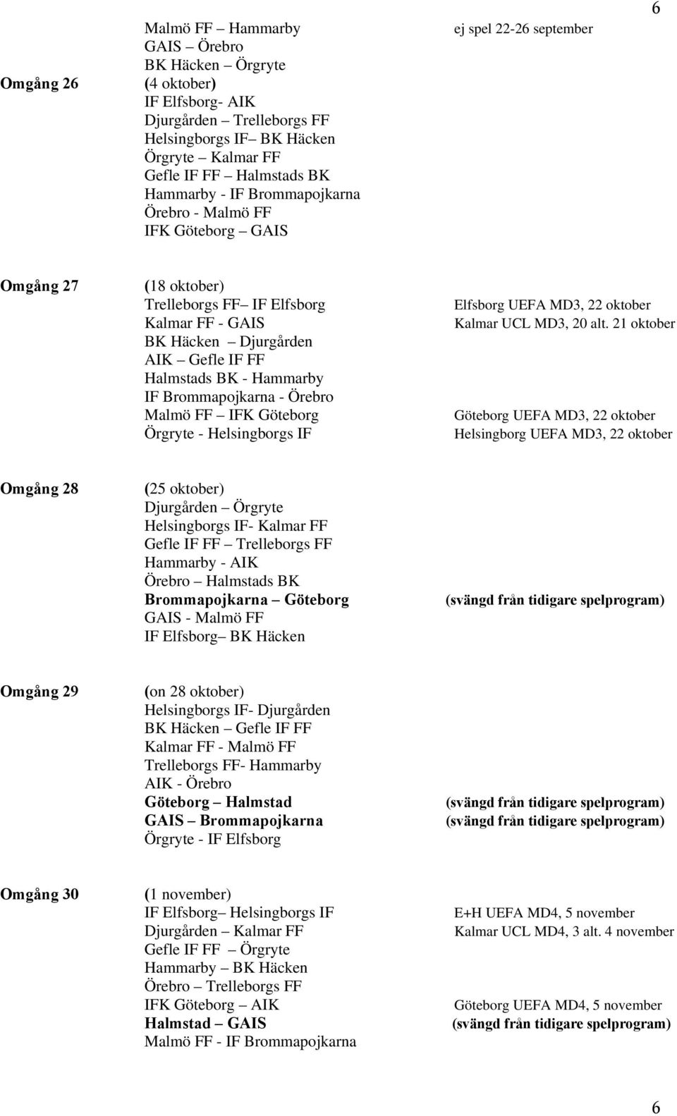 Hammarby IF Brommapojkarna - Örebro Malmö FF IFK Göteborg Örgryte - Helsingborgs IF Elfsborg UEFA MD3, 22 oktober Kalmar UCL MD3, 20 alt.