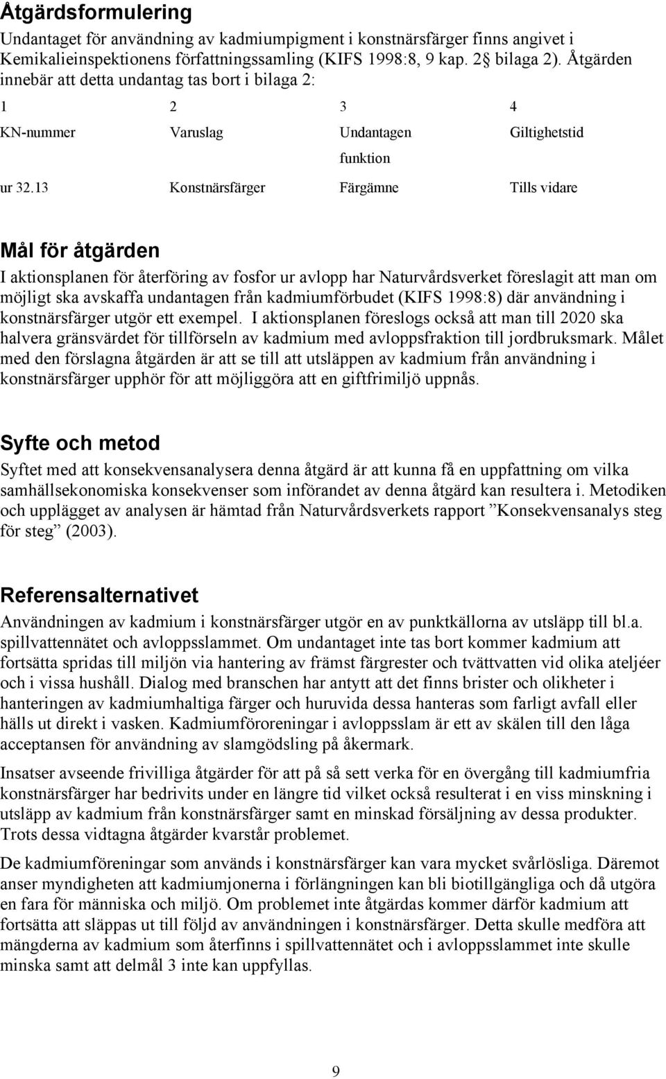 13 Konstnärsfärger Färgämne Tills vidare Mål för åtgärden I aktionsplanen för återföring av fosfor ur avlopp har Naturvårdsverket föreslagit att man om möjligt ska avskaffa undantagen från