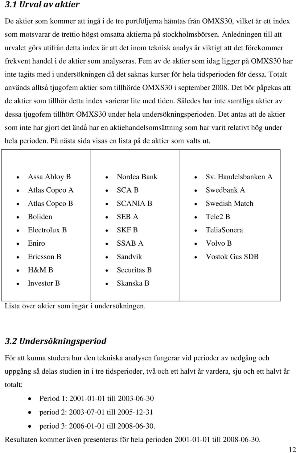 Fem av de aktier som idag ligger på OMXS30 har inte tagits med i undersökningen då det saknas kurser för hela tidsperioden för dessa.