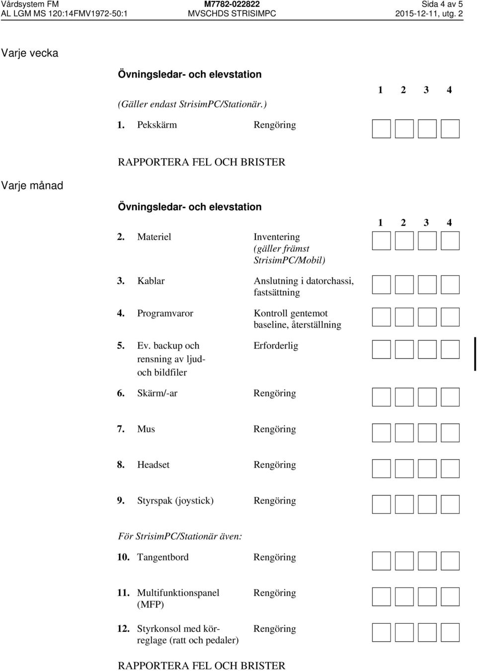 Programvaror Kontroll gentemot baseline, återställning 5. Ev. backup och rensning av ljudoch bildfiler Erforderlig 6.