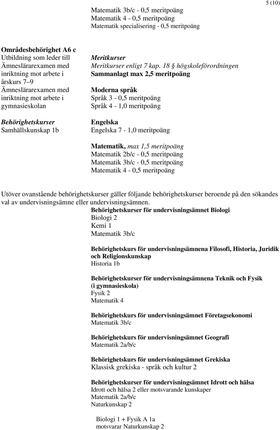 för undervisningsämnet Biologi Biologi 2 Kemi 1 Matematik 3b/c Behörighetskurs för undervisningsämnena Filosofi, Historia, Juridik och Religionskunskap Historia 1b för undervisningsämnena Teknik och