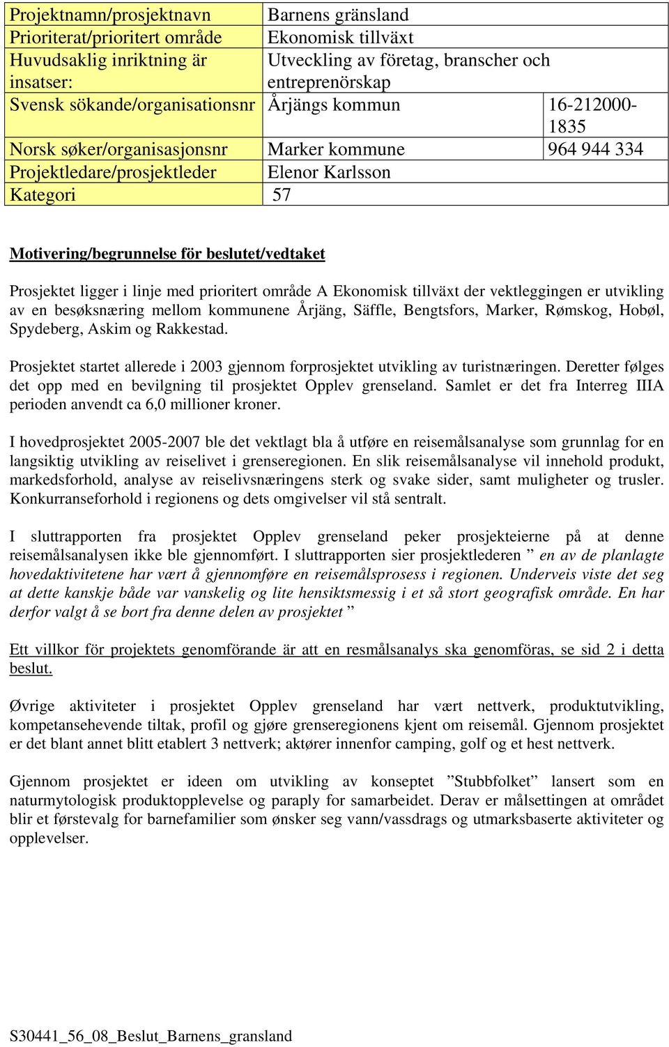 beslutet/vedtaket Prosjektet ligger i linje med prioritert område A Ekonomisk tillväxt der vektleggingen er utvikling av en besøksnæring mellom kommunene Årjäng, Säffle, Bengtsfors, Marker, Rømskog,