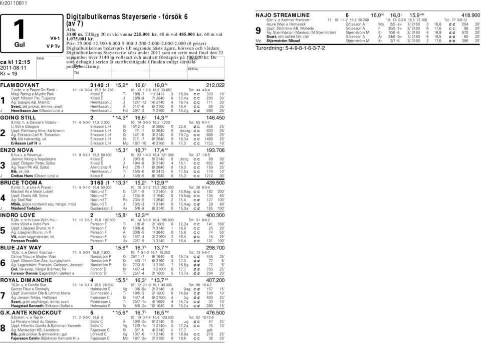 000 (8 priser) Digitalbutikernas hederspris till segrande hästs ägare, körsven och vårdare Digitalbutikernas Stayerserie körs under 2011 som en serie med final den 23 september över 3140 m voltstart