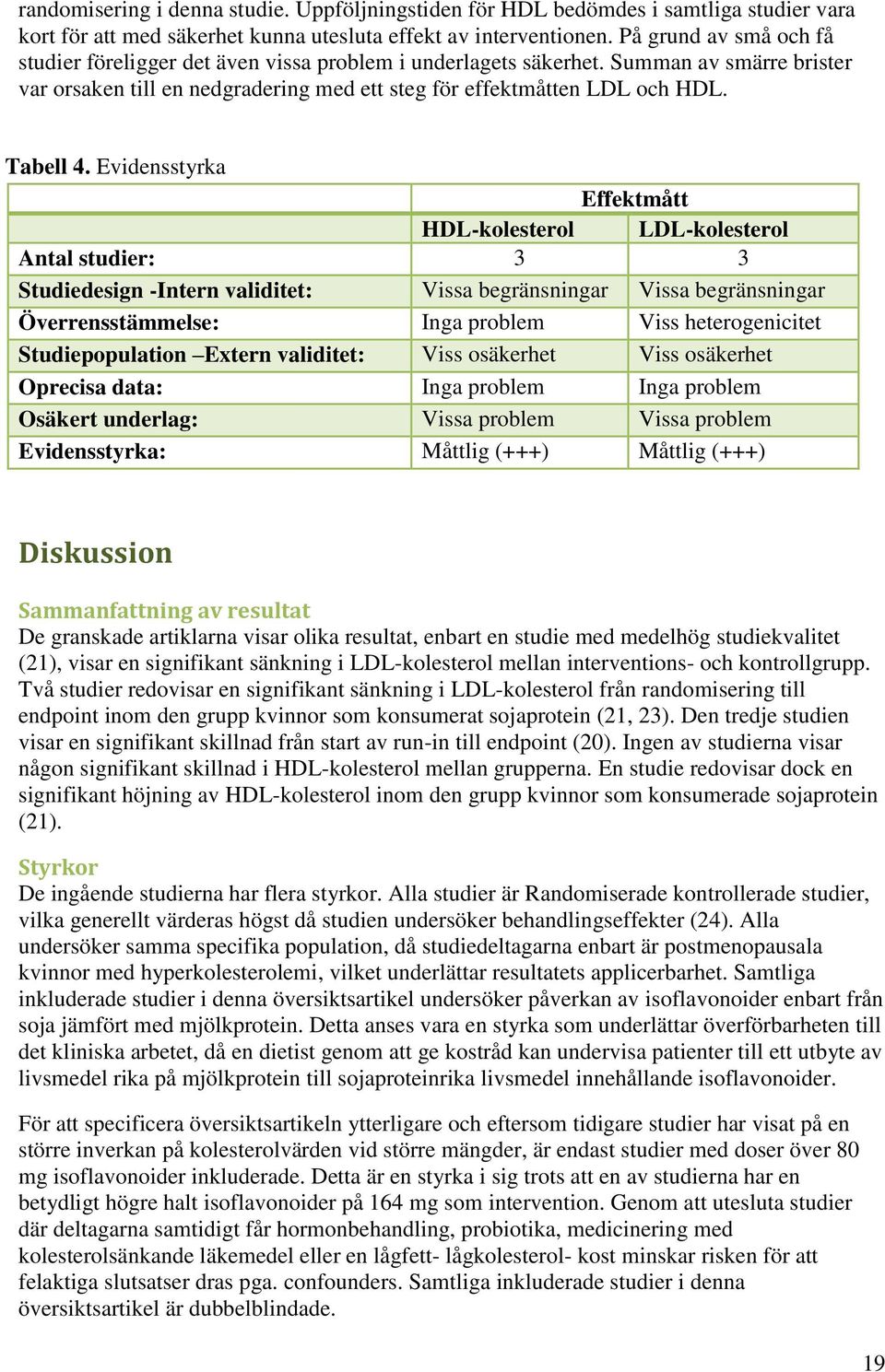 Evidensstyrka Effektmått HDL-kolesterol LDL-kolesterol Antal studier: 3 3 Studiedesign -Intern validitet: Vissa begränsningar Vissa begränsningar Överrensstämmelse: Inga problem Viss heterogenicitet