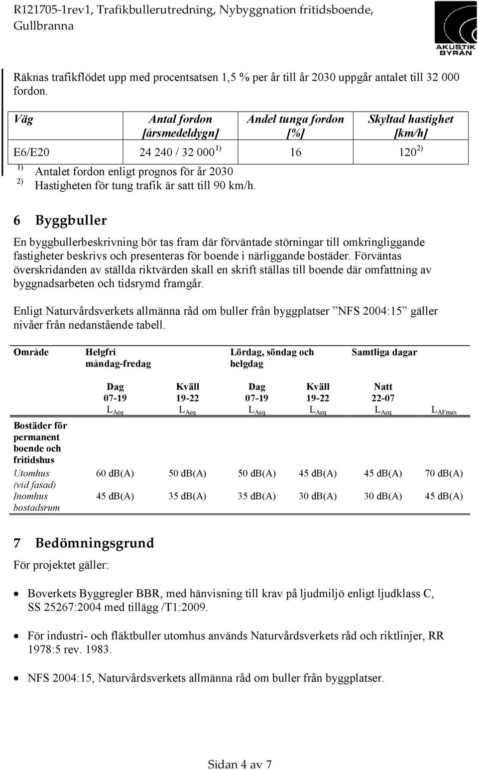 till 90 km/h. 6 Byggbuller En byggbullerbeskrivning bör tas fram där förväntade störningar till omkringliggande fastigheter beskrivs och presenteras för boende i närliggande bostäder.