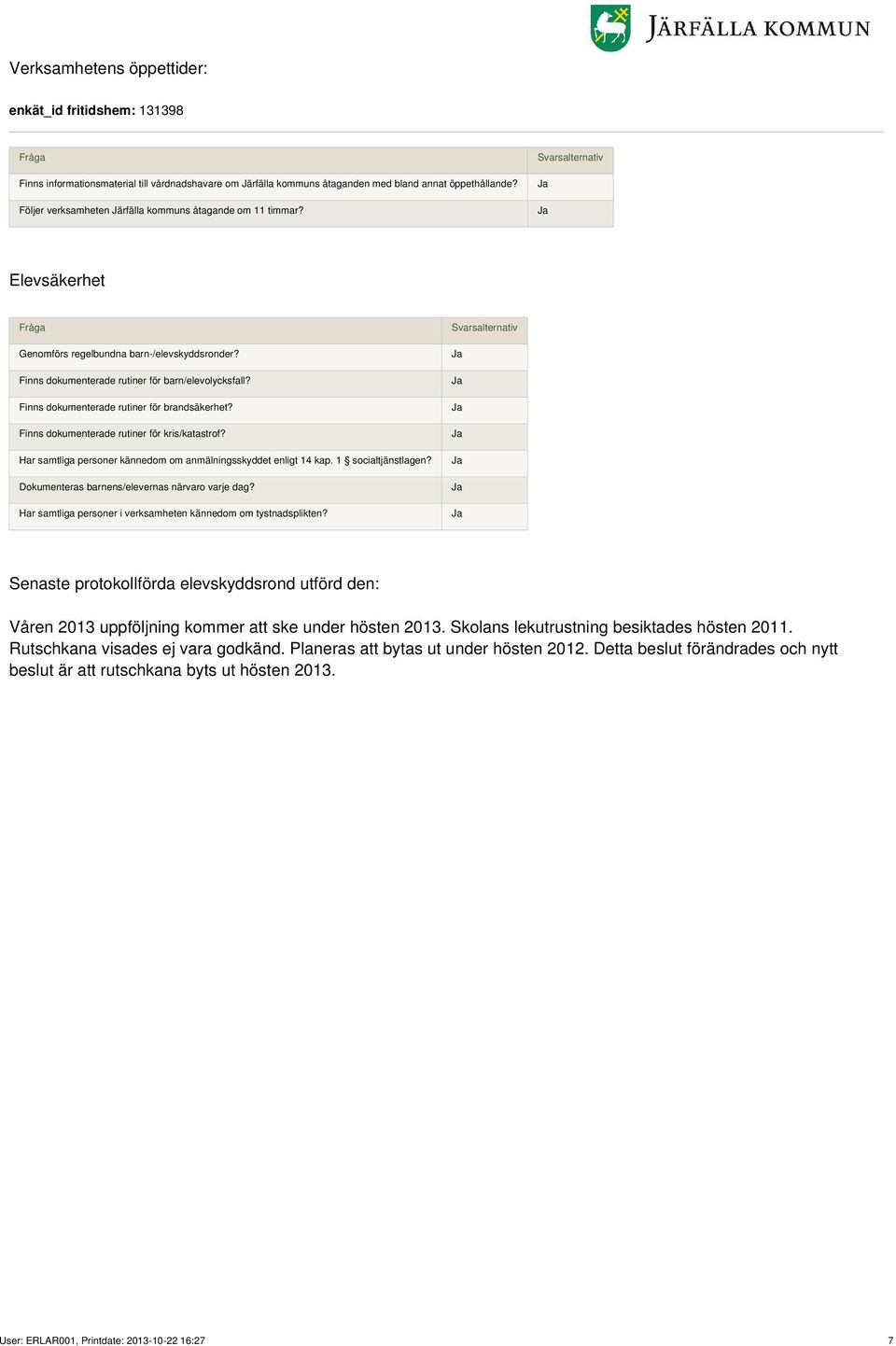 Finns dokumenterade rutiner för brandsäkerhet? Finns dokumenterade rutiner för kris/katastrof? Har samtliga personer kännedom om anmälningsskyddet enligt 14 kap. 1 socialtjänstlagen?