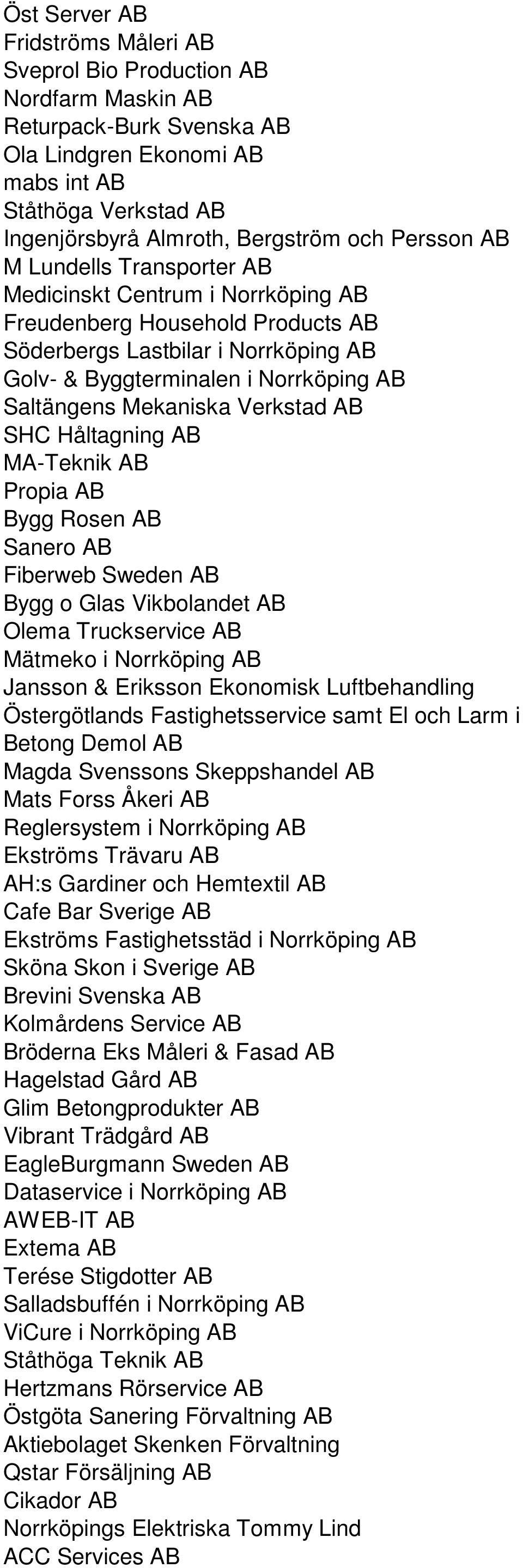 Mekaniska Verkstad AB SHC Håltagning AB MA-Teknik AB Propia AB Bygg Rosen AB Sanero AB Fiberweb Sweden AB Bygg o Glas Vikbolandet AB Olema Truckservice AB Mätmeko i Norrköping AB Jansson & Eriksson