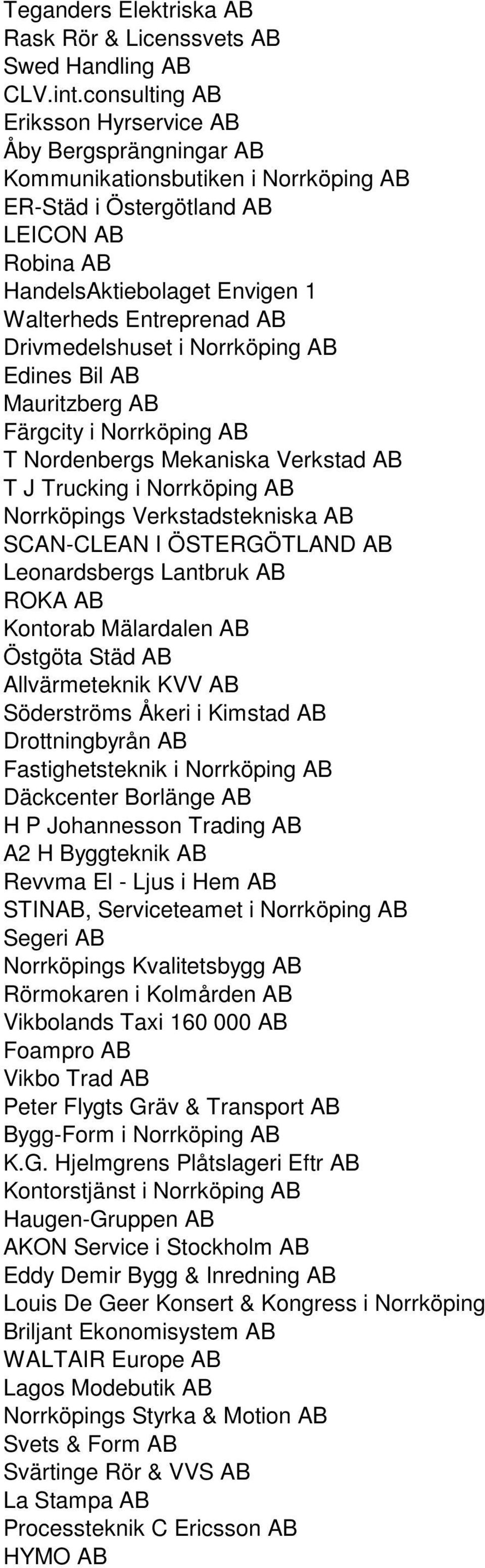 AB Drivmedelshuset i Norrköping AB Edines Bil AB Mauritzberg AB Färgcity i Norrköping AB T Nordenbergs Mekaniska Verkstad AB T J Trucking i Norrköping AB Norrköpings Verkstadstekniska AB SCAN-CLEAN I